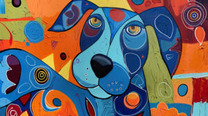 A playful wallpaper featuring a blue dog creatively illustrated with abstract shapes and vibrant colors to inspire imagination and whimsy