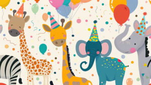 A playful wallpaper featuring a menagerie of cartoon animals, including elephants, giraffes, and zebras, all wearing colorful party hats and balloons