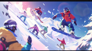 A playful wallpaper featuring cartoon style snowboarders performing gravity defying tricks and flips against a colorful background
