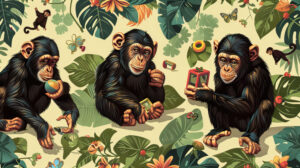 A playful wallpaper featuring chimpanzees playing with toys and interacting with enrichment activities designed to stimulate their minds