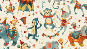 A playful wallpaper showcasing cartoon animals engaged in circus acts acrobatic monkeys juggling elephants and balancing bears
