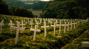 A poignant tribute to the fallen where rows of white crosses line a tranquil field serving as a solemn reminder of the sacrifices made