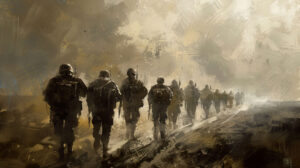 A poignant wallpaper illustrating soldiers marching to battle displaying resolute expressions as they bid farewell to their families