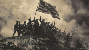 A poignant wallpaper showing soldiers triumphantly hoisting the flag in victory capturing their weariness mingled with triumph as they mark the end of hostilities