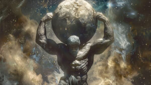 A portrayal of Atlas the Titan carrying the weight of the heavens on his shoulders his muscular form straining under the immense burden