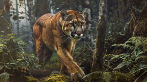 A powerful image of a cougar stalking through the forest, its sleek muscles rippling beneath its fur as it searches for prey