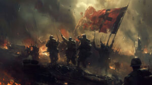 A powerful wallpaper capturing weary yet triumphant soldiers raising the flag in victory to celebrate the end of hostilities