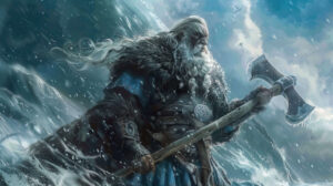 A proud Norse warrior fierce with an imposing axe set against a backdrop of swirling snow and howling winds in the wallpaper titled Valiant Frost