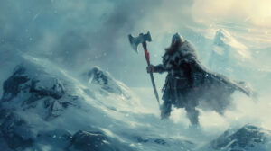 A proud Norse warrior with a formidable axe defiant against swirling snow and howling winds in the backdrop a captivating wallpaper