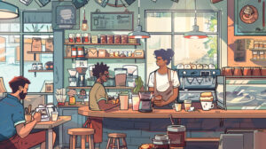 A quaint coffee shop setting filled with aromatic coffee delicious pastries and welcoming baristas attending to patrons with a cheerful demeanor a delightful wallpaper choice