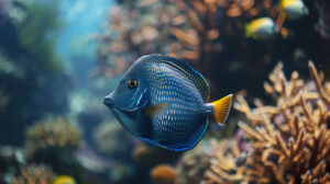 A regal blue tang fish with glistening scales cruises gracefully through transparent waters under the bright sunlight in this wallpaper