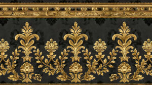 A regal wallpaper with ornate gold leaf medallions and borders, creating an air of elegance and sophistication