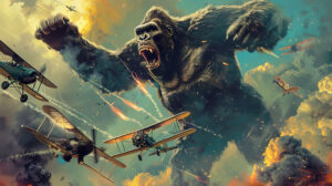A reminiscent tribute to the vintage movie poster featuring King Kong protecting a captured woman from oncoming biplanes in an epic struggle