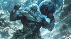 A representation of Titan Atlas supporting the heavens on his shoulders his strong physique under strain from the immense weight