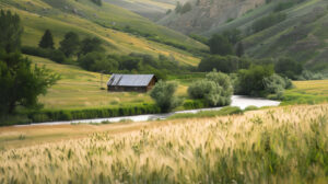 A rustic homestead nestled in a lush valley, with a wooden cabin surrounded by fields of wheat and a meandering river nearby