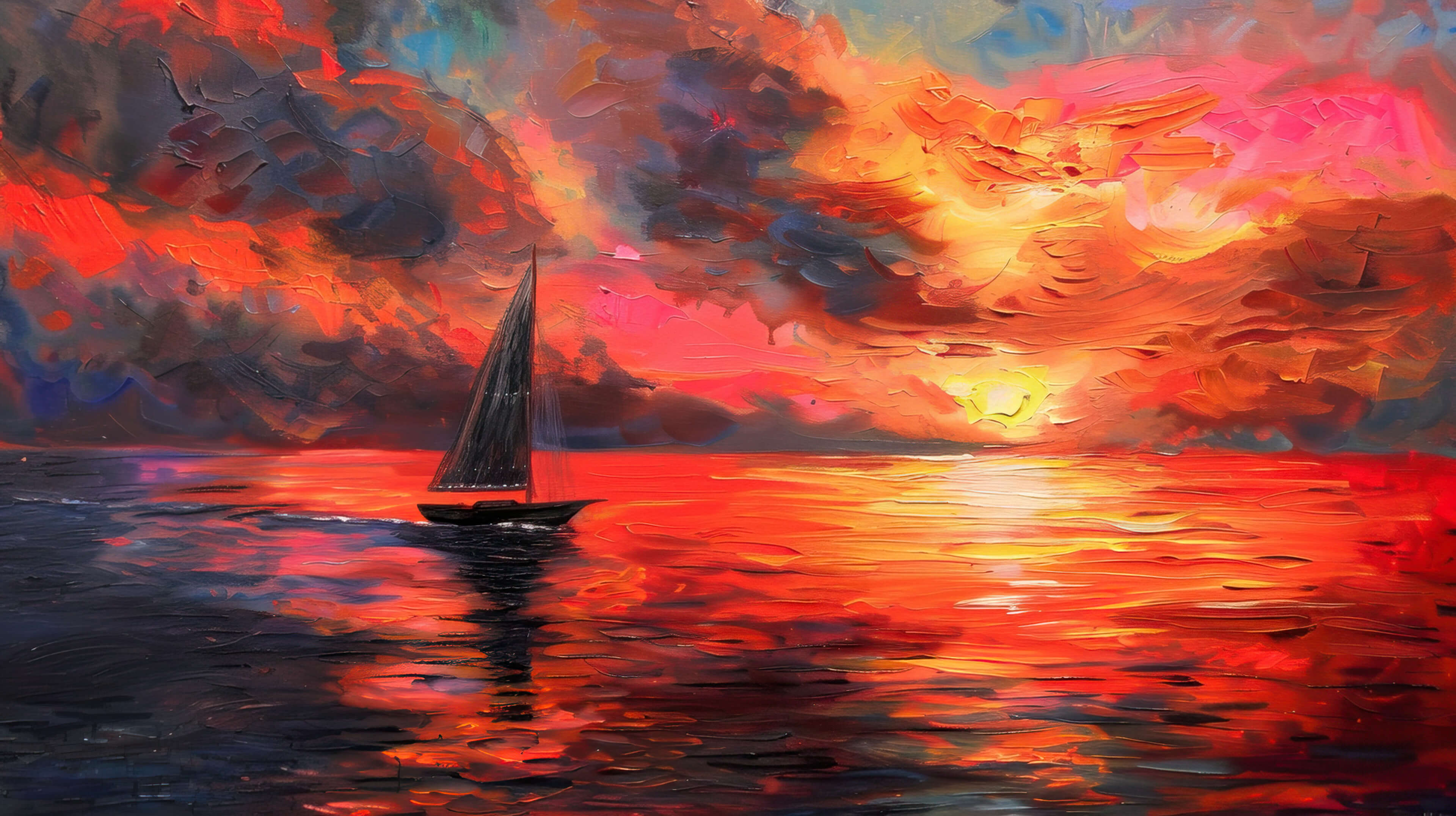 A sailboat silhouette contrasts against a stunning sunset reflection on water in the wallpaper named Fiery Ocean Sunset