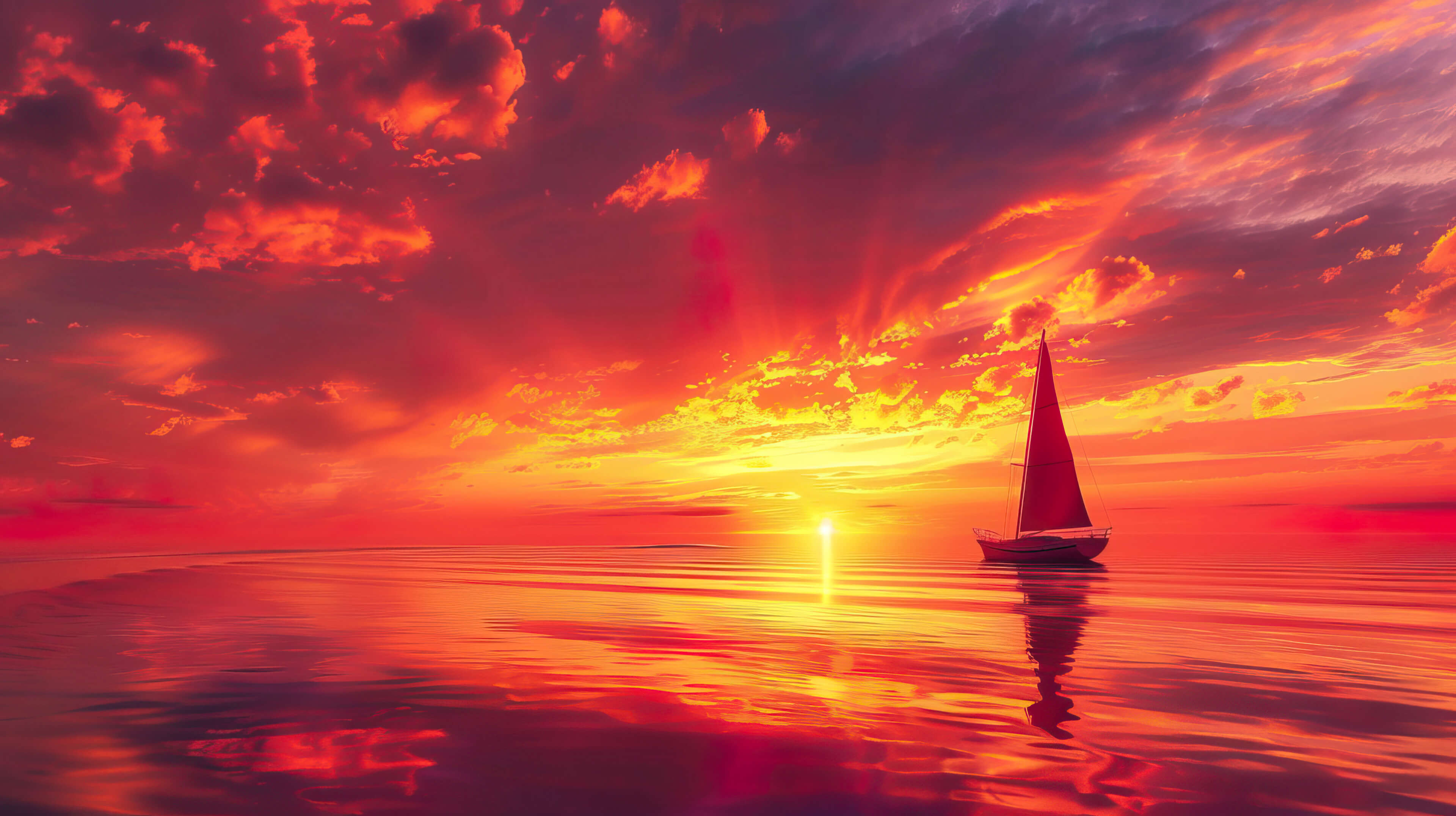 A sailboat stands out in silhouette against the vibrant orange and pink hues of a dramatic ocean sunset reflecting on the water
