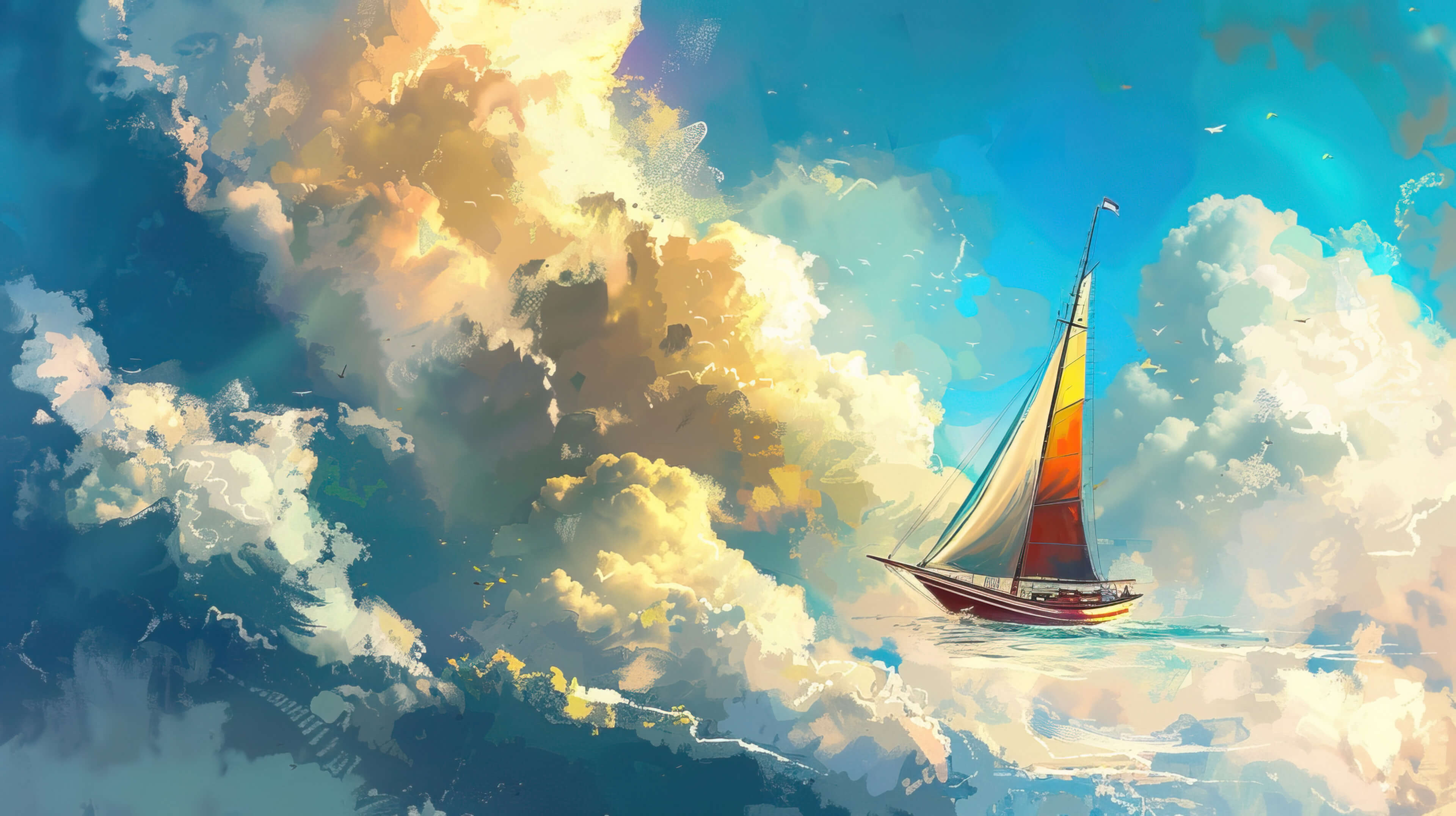 A sailboat with whimsical colorful sails sailing through a sky filled with fluffy clouds adding a touch of magic to the scene can be found in the file named SailingSkyMagic.jpg