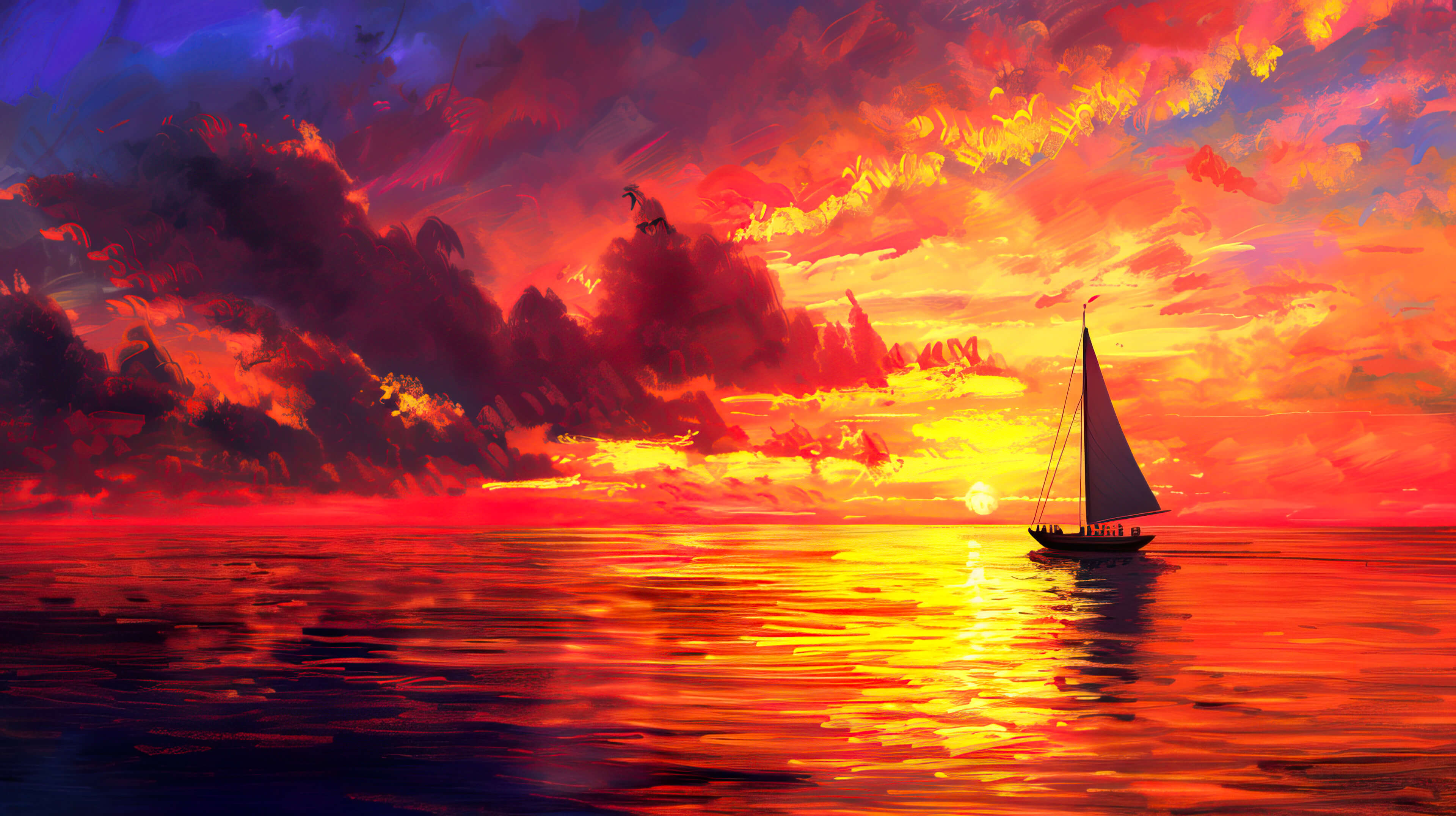 A sailboats silhouette stands out against the fiery orange and pink hues reflecting over the ocean in this captivating ocean sunset wallpaper