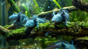 A serene aquarium setting with a group of blue axolotls lounging on moss covered logs and sunken branches, their whimsical appearance adding charm to the underwater scene