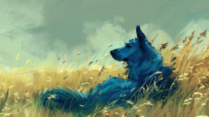 A serene countryside setting with a blue dog lounging in a field of tall grass, its fur ruffled by the gentle breeze