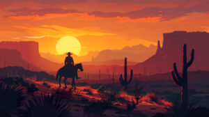 A serene cowboy profile framed against a setting sun with jagged peaks and cacti decorating the horizon is captured in cowboy sunset mountains cacti.jpg