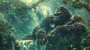A serene depiction of King Kong lounging in his natural habitat, surrounded by lush vegetation and cascading waterfalls