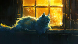 A serene depiction of a blue cat lounging in a sunlit window, its fur illuminated by golden rays of light