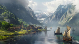A serene fjord landscape, with Viking longhouses dotting the shoreline and dragon headed ships gliding across calm waters