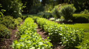 A serene garden scene with mint plants growing in neatly trimmed rows, their fragrant leaves swaying gently in the breeze