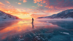 A serene image of a snowboarder gliding across a frozen lake at sunset, with vibrant orange and pink hues reflected in the icy surface