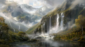 A serene landscape of misty mountains and cascading waterfalls, inspired by the rugged beauty of the Norse wilderness