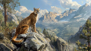A serene mountain landscape with a cougar perched on a rocky outcrop, surveying its territory with regal poise and confidence