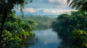 A serene river meandering through the jungle bordered by tall trees and abundant flora and fauna perfectly captured for a wallpaper