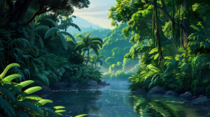 A serene river meanders through the jungle surrounded by tall trees and abundant greenery bustling with wildlife