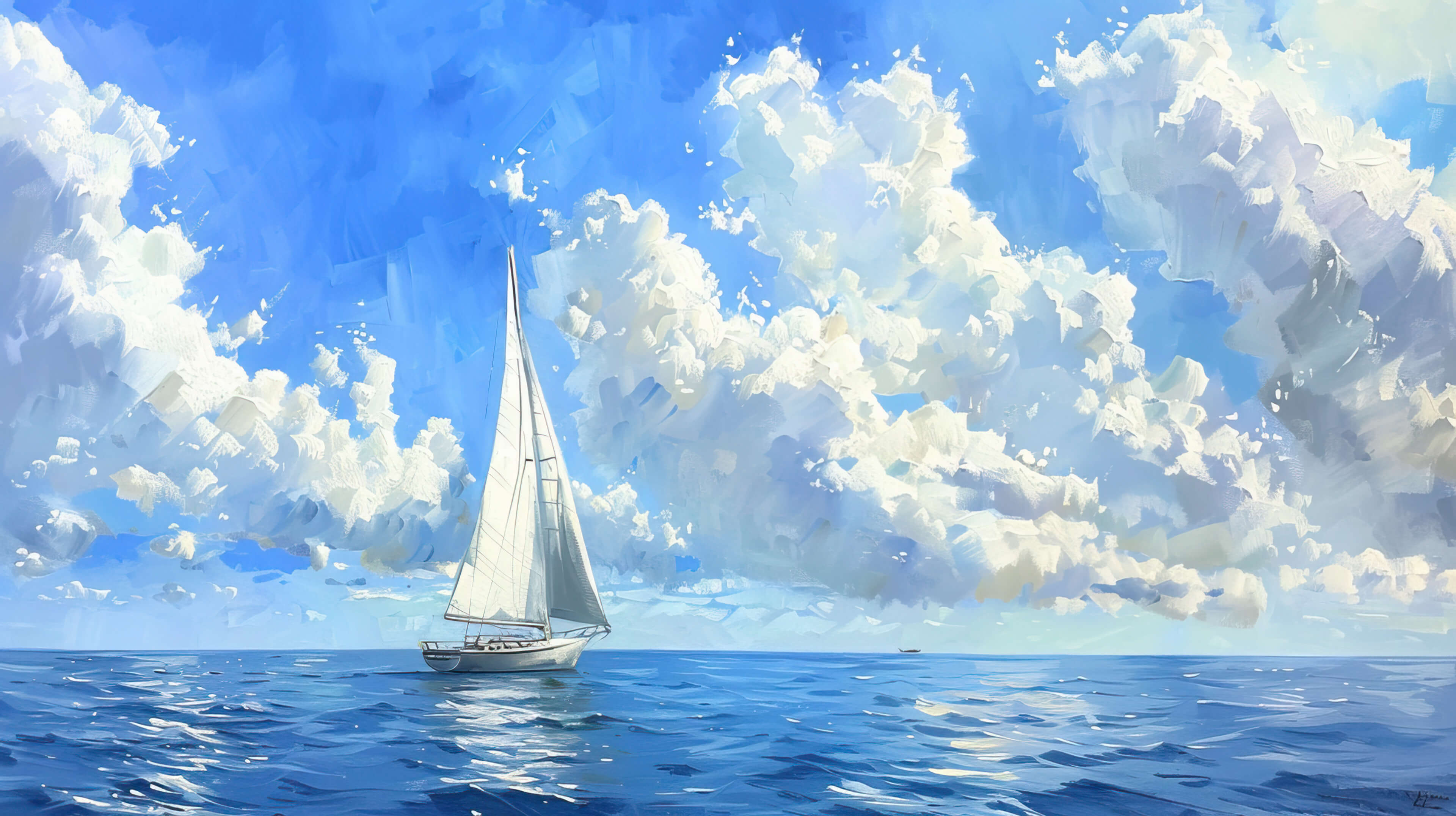 A serene seascape with a sailboat gliding across calm waters, its white sails billowing in the gentle breeze against a backdrop of blue skies and fluffy clouds