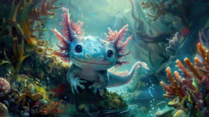 A serene underwater kingdom governed by a venerable azure axolotl infusing the land with tranquility and unity