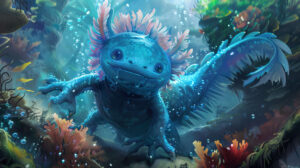 A serene underwater kingdom is governed by a wise and ancient blue axolotl infusing the realm with peace and harmony