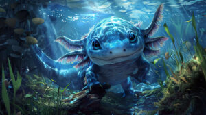A serene underwater realm governed by a venerable blue axolotl emanating tranquility and unity throughout the kingdom