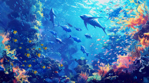 A serene underwater scene with a school of vibrant blue fish swimming among colorful coral reefs and swaying sea plants