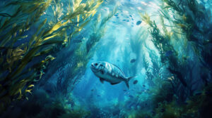 A serene underwater world with elegant blue fish gliding through towering kelp forests and floating seaweed evoking calmness and awe