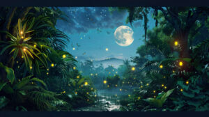A serene wallpaper capturing fireflies twirling amid trees in a moonlit jungle creating an enchanting glow over the lush foliage