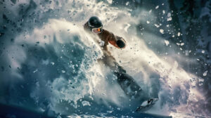 A snowboarder cuts through fresh powder snow leaving rooster tails in their wake in the wallpaper named Carving Trails