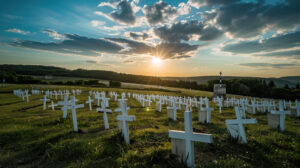 A solemn memorial to the fallen, with rows of white crosses stretching across a peaceful field, a poignant reminder of the ultimate sacrifice made by so many