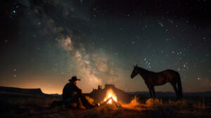 A solitary cowboy rests by a campfire under a starlit sky accompanied by his loyal horse with distant mountains silhouettes on the horizon in the background