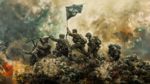 A stirring image of soldiers raising the flag in victory, their faces weary but triumphant as they celebrate the end of hostilities