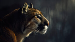 A striking wallpaper capturing a cougars intense profile showcasing its sharp teeth and whiskers set against a backdrop of deep shadows