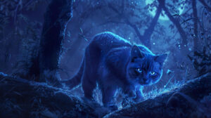 A striking wallpaper showcasing a magnificent blue cat roaming a moonlit forest its eyes shining with an ethereal brilliance