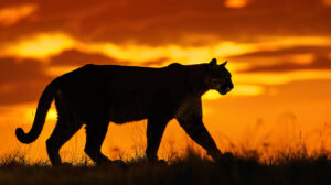 A stunning silhouette of a cougar stands out against a vibrant sunset sky its regal shape defined by hues of orange and gold
