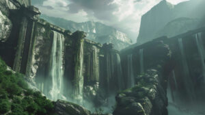 A stunning wallpaper captures an ethereal scenery of immense mountains and flowing waterfalls evoking the mystique of Atlass legendary domain